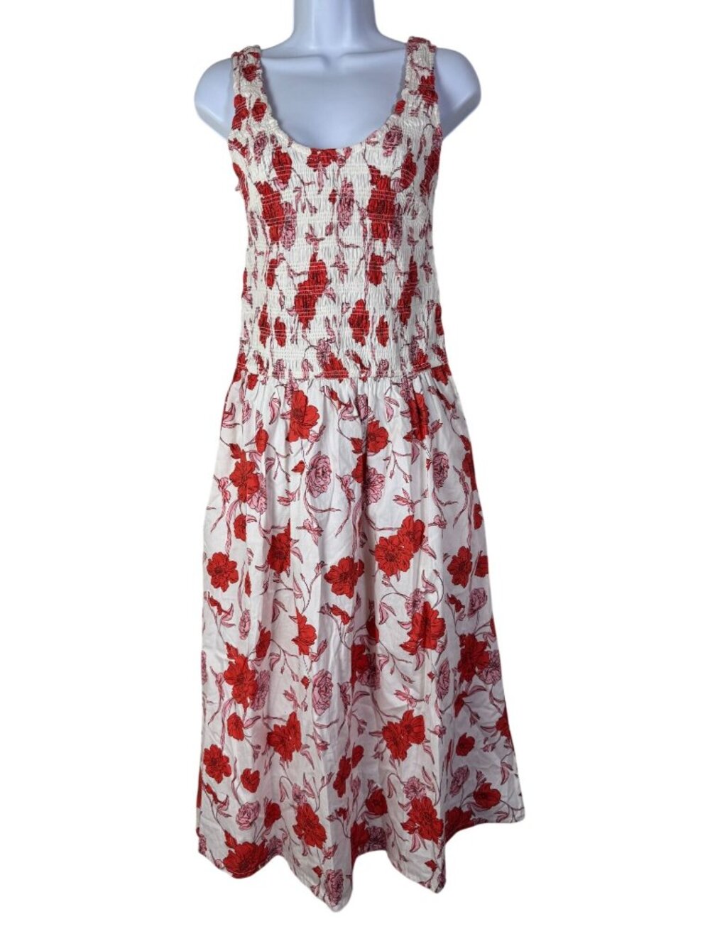 Sincerely Jules White Red Floral Sleeveless Smocked Midi Summer Dress Size Mediu